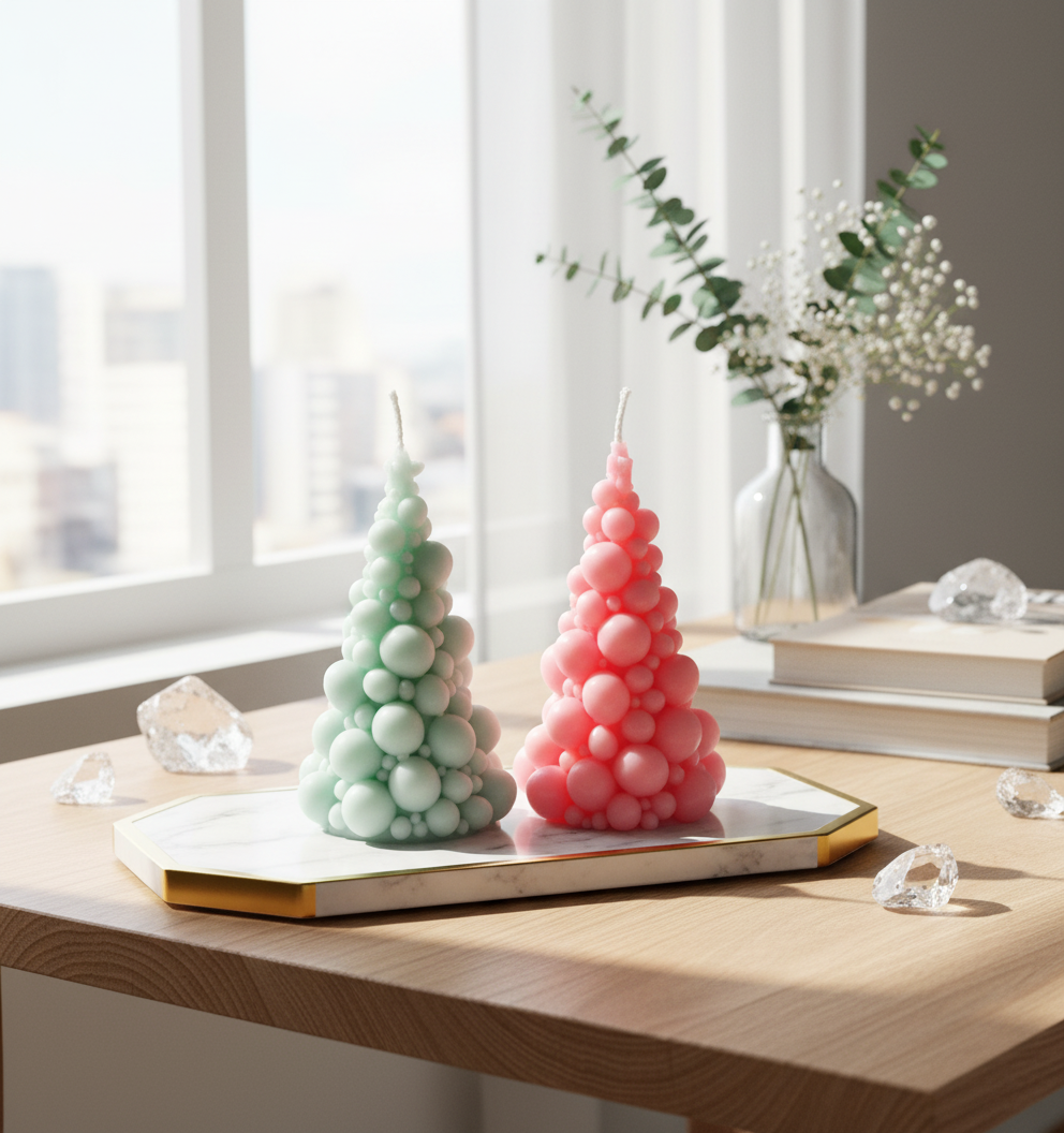 Bubbly Christmas tree candle — festive charm and cozy scent.