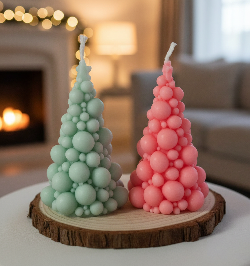 Bubbly Christmas tree candle — festive charm and cozy scent.