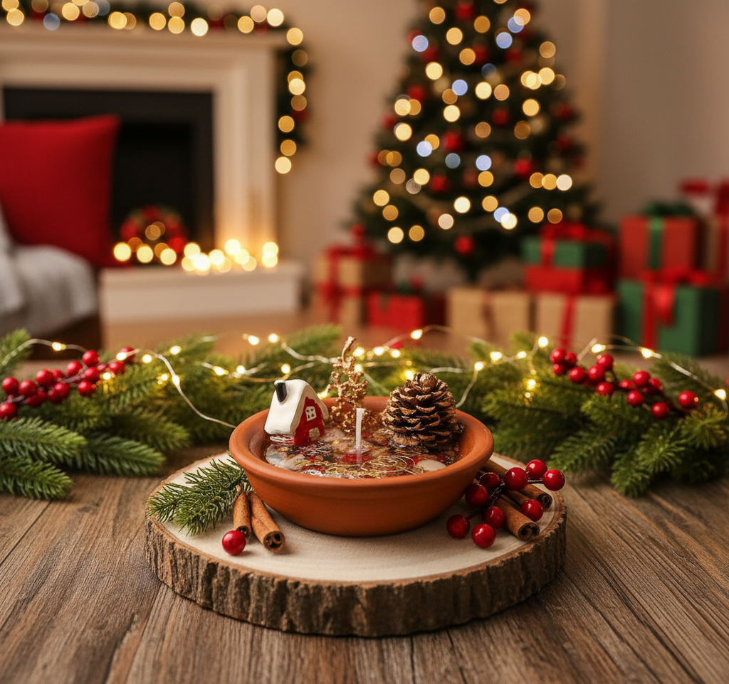 A Christmas candle on a plate, sparkling with festive ornaments and holiday scents.