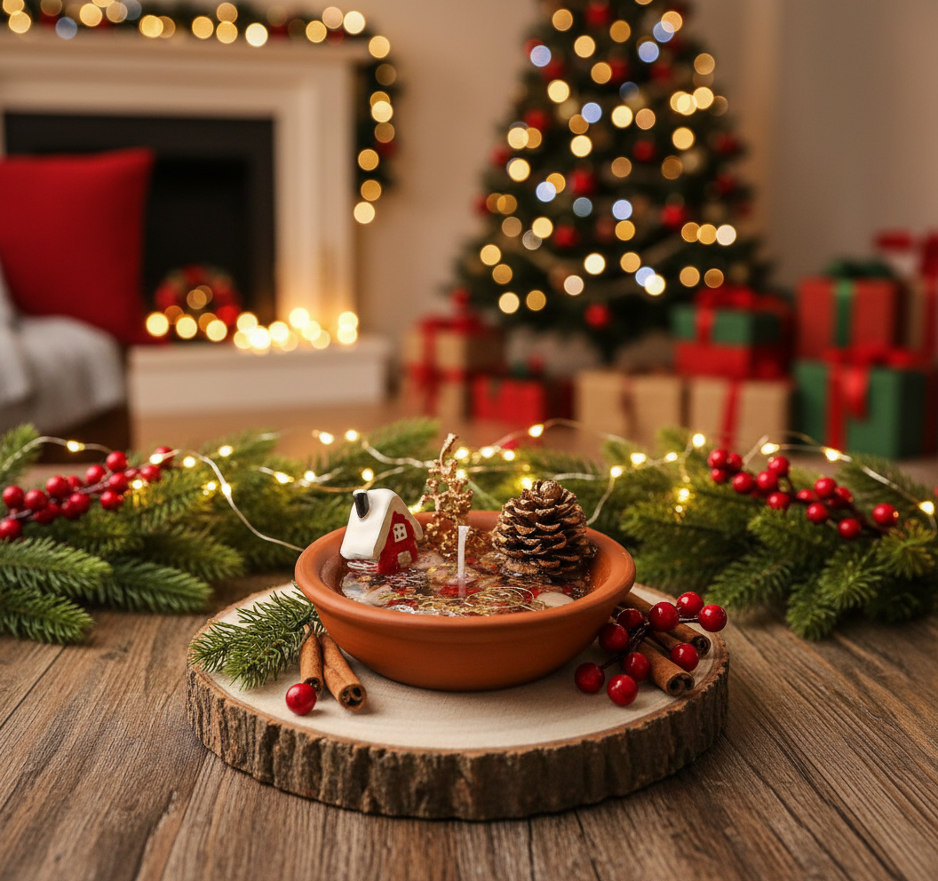 A Christmas candle on a plate, sparkling with festive ornaments and holiday scents.
