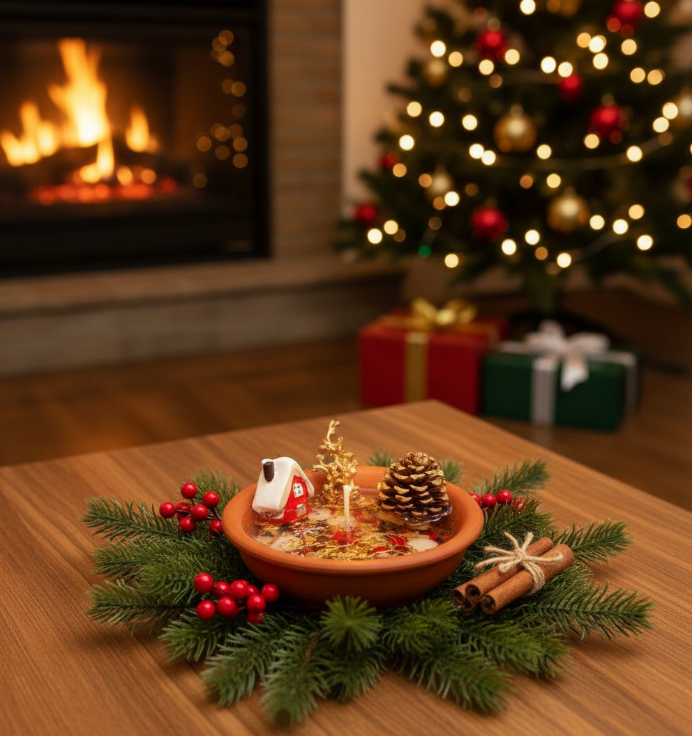 A Christmas candle on a plate, sparkling with festive ornaments and holiday scents.