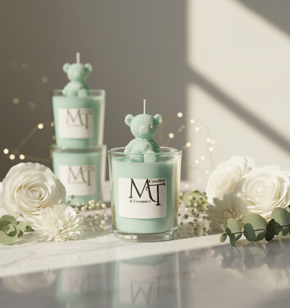 A bear atop a scented candle, cozy and sweet.