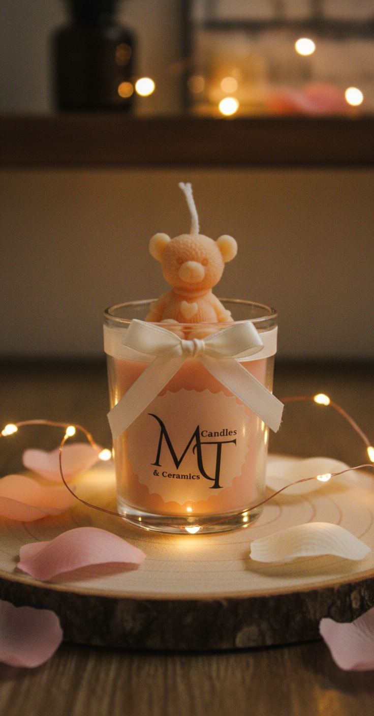A bear atop a scented candle, cozy and sweet.
