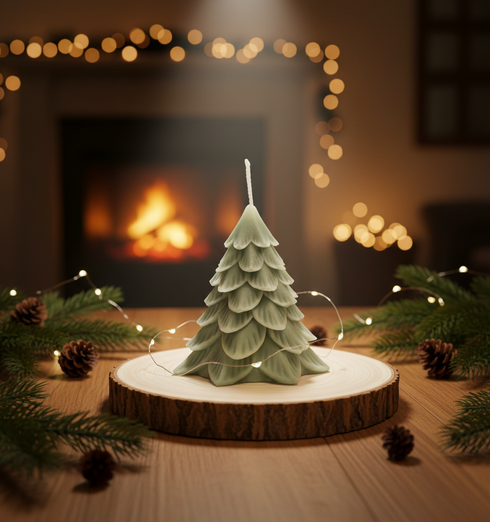 Handmade Christmas tree candle — festive, elegant, and full of holiday spirit.