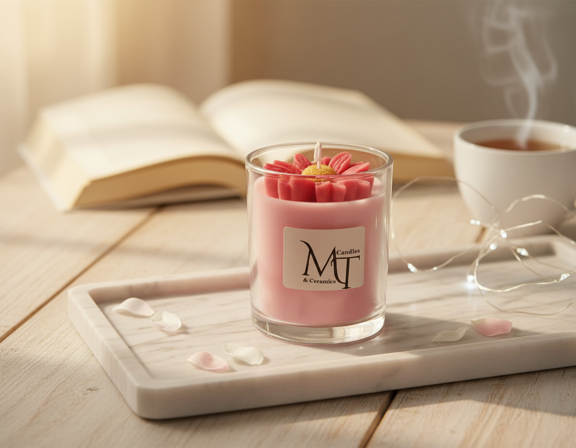 Handcrafted pink scented candle in glass — floral elegance and a soft, romantic aroma.