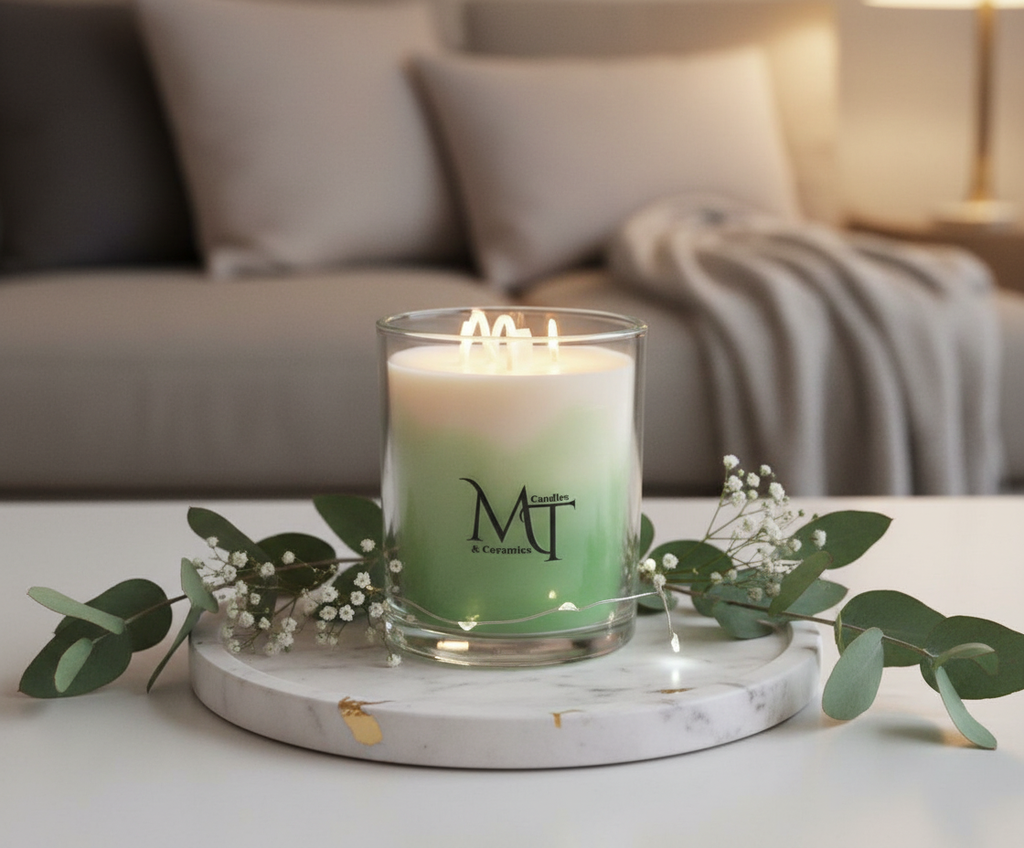 Handmade green & white candle — fresh, elegant, and soothing.