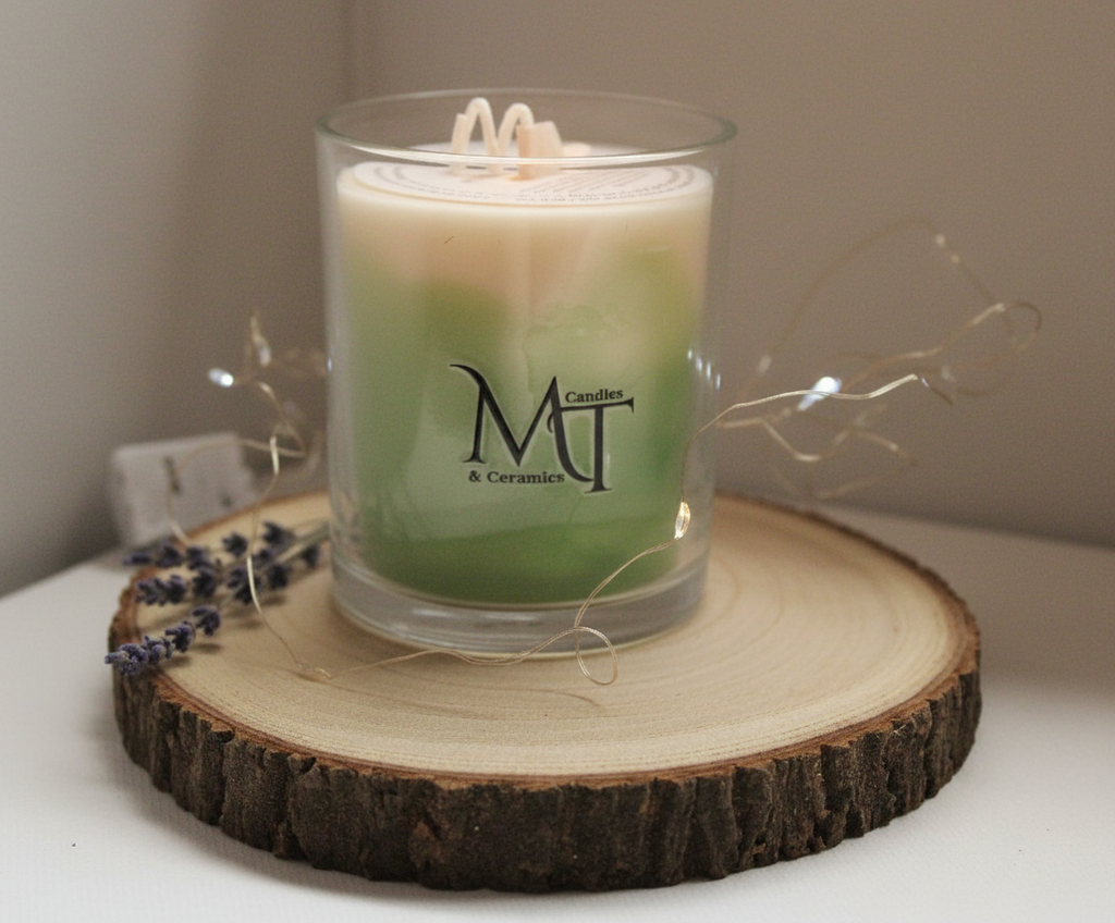 Handmade green & white candle — fresh, elegant, and soothing.